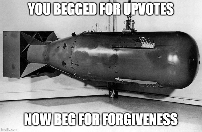 Little Boy | YOU BEGGED FOR UPVOTES NOW BEG FOR FORGIVENESS | image tagged in little boy | made w/ Imgflip meme maker