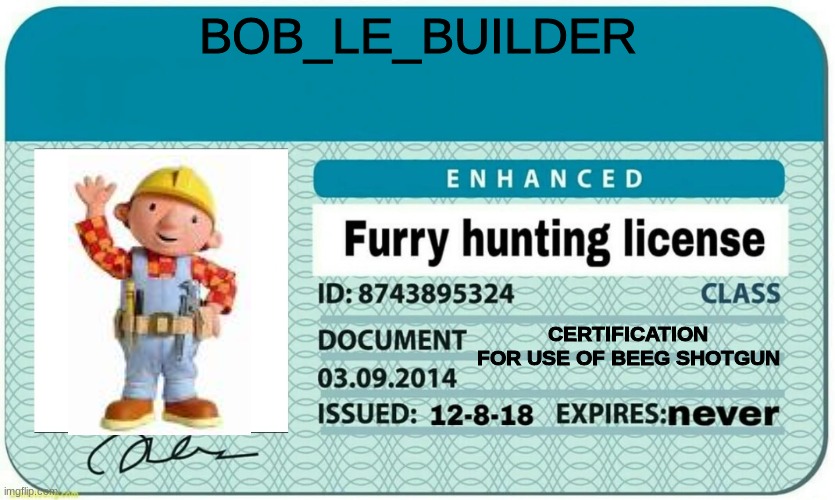 furry hunting license | BOB_LE_BUILDER; CERTIFICATION FOR USE OF BEEG SHOTGUN | image tagged in furry hunting license | made w/ Imgflip meme maker