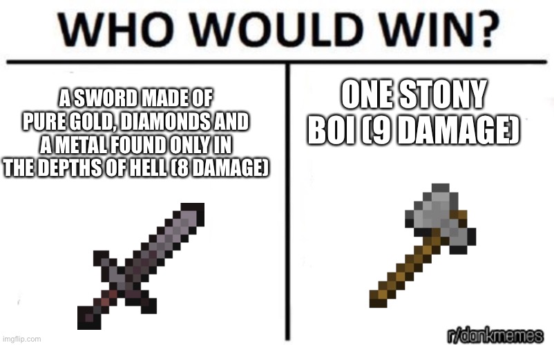 Minecraft logic | ONE STONY BOI (9 DAMAGE); A SWORD MADE OF PURE GOLD, DIAMONDS AND A METAL FOUND ONLY IN THE DEPTHS OF HELL (8 DAMAGE) | image tagged in who would win,minecraft | made w/ Imgflip meme maker