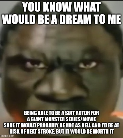 t | YOU KNOW WHAT WOULD BE A DREAM TO ME; BEING ABLE TO BE A SUIT ACTOR FOR A GIANT MONSTER SERIES/MOVIE
SURE IT WOULD PROBABLY BE HOT AS HELL AND I'D BE AT RISK OF HEAT STROKE, BUT IT WOULD BE WORTH IT | image tagged in t | made w/ Imgflip meme maker