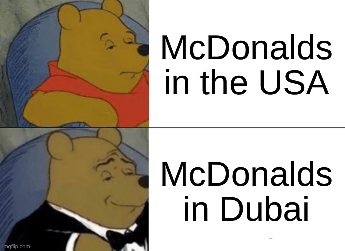 I'm I true | McDonalds in the USA; McDonalds in Dubai | image tagged in memes,tuxedo winnie the pooh | made w/ Imgflip meme maker