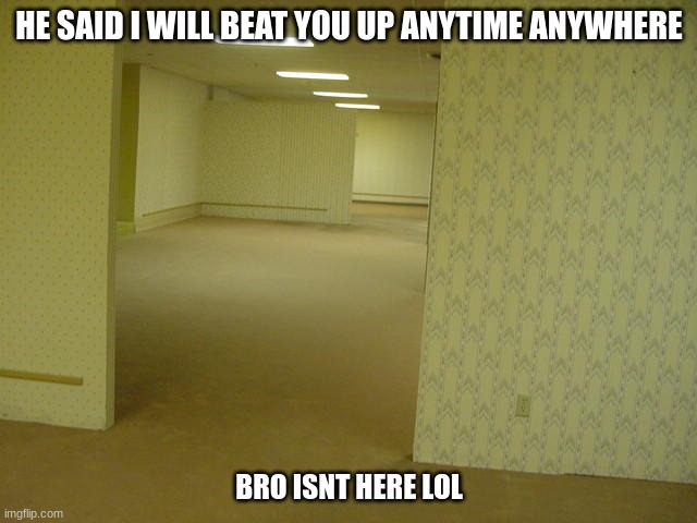 bro lied to me | HE SAID I WILL BEAT YOU UP ANYTIME ANYWHERE; BRO ISNT HERE LOL | image tagged in the backrooms | made w/ Imgflip meme maker