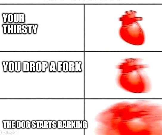 relatable | YOUR THIRSTY; YOU DROP A FORK; THE DOG STARTS BARKING | image tagged in funny | made w/ Imgflip meme maker