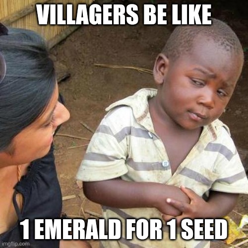 Third World Skeptical Kid Meme | VILLAGERS BE LIKE; 1 EMERALD FOR 1 SEED | image tagged in memes,third world skeptical kid | made w/ Imgflip meme maker