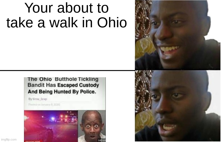 Only in Ohio | Your about to take a walk in Ohio | image tagged in disappointed black guy | made w/ Imgflip meme maker