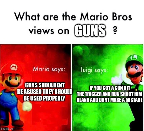 HEheheheheh | GUNS; GUNS SHOULDENT BE ABUSED THEY SHOULD BE USED PROPERLY; IF YOU GOT A GUN HIT THE TRIGGER AND RUN SHOOT HIM BLANK AND DONT MAKE A MISTAKE | image tagged in mario luigi | made w/ Imgflip meme maker