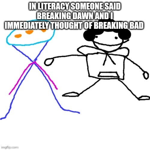 X-ey and Carlos | IN LITERACY SOMEONE SAID BREAKING DAWN AND I IMMEDIATELY THOUGHT OF BREAKING BAD | image tagged in x-ey and carlos | made w/ Imgflip meme maker