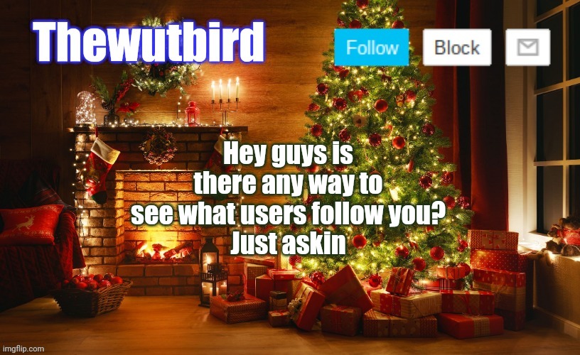 Wutbird Christmas announcement | Hey guys is there any way to see what users follow you?
Just askin | image tagged in wutbird christmas announcement | made w/ Imgflip meme maker