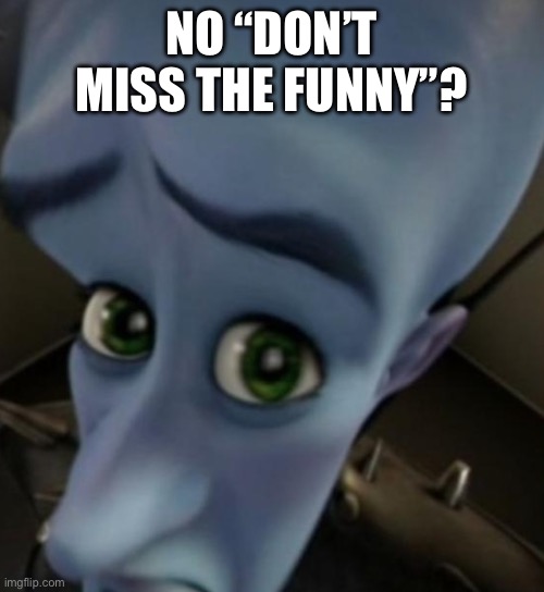 no don’t miss the funny | NO “DON’T MISS THE FUNNY”? | image tagged in megamind no bitches,the funny | made w/ Imgflip meme maker