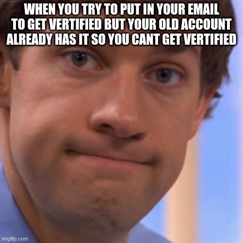 well shi- | WHEN YOU TRY TO PUT IN YOUR EMAIL TO GET VERTIFIED BUT YOUR OLD ACCOUNT ALREADY HAS IT SO YOU CANT GET VERTIFIED | image tagged in welp jim face | made w/ Imgflip meme maker