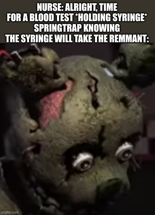 So this is how springtrap died. | NURSE: ALRIGHT, TIME FOR A BLOOD TEST *HOLDING SYRINGE*
SPRINGTRAP KNOWING THE SYRINGE WILL TAKE THE REMMANT: | image tagged in scared springtrap | made w/ Imgflip meme maker