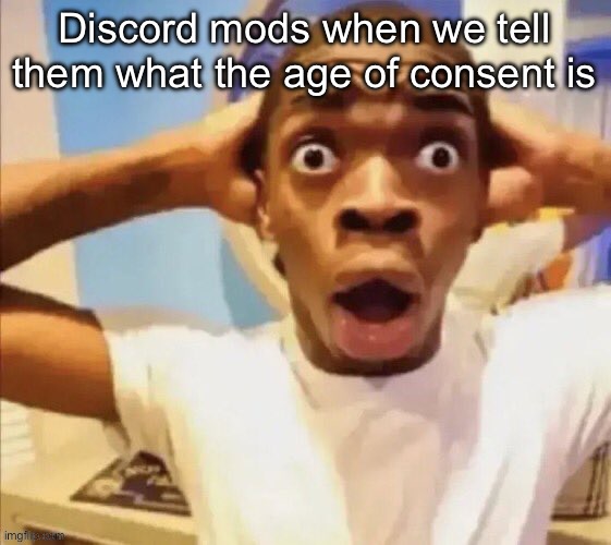 in shock | Discord mods when we tell them what the age of consent is | image tagged in in shock | made w/ Imgflip meme maker