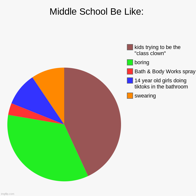 middle school be like: | Middle School Be Like: | swearing, 14 year old girls doing tiktoks in the bathroom, Bath & Body Works spray, boring, kids trying to be the " | image tagged in charts,pie charts | made w/ Imgflip chart maker