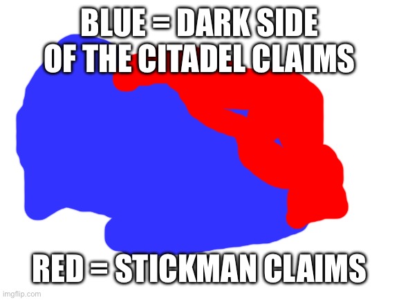 The invasion is going well (this is after 3 weeks) | BLUE = DARK SIDE OF THE CITADEL CLAIMS; RED = STICKMAN CLAIMS | image tagged in blank white template | made w/ Imgflip meme maker