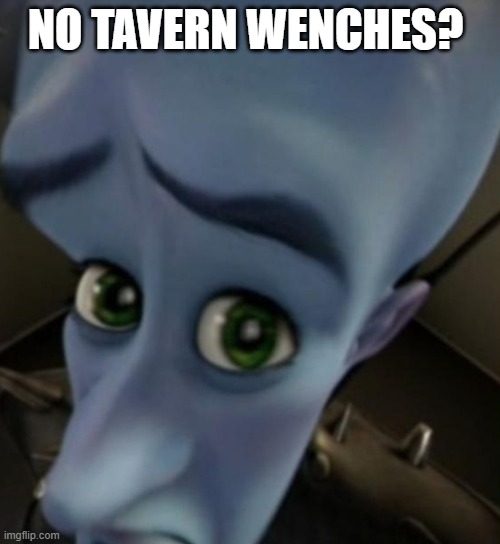 Megamind no bitches | NO TAVERN WENCHES? | image tagged in megamind no bitches | made w/ Imgflip meme maker