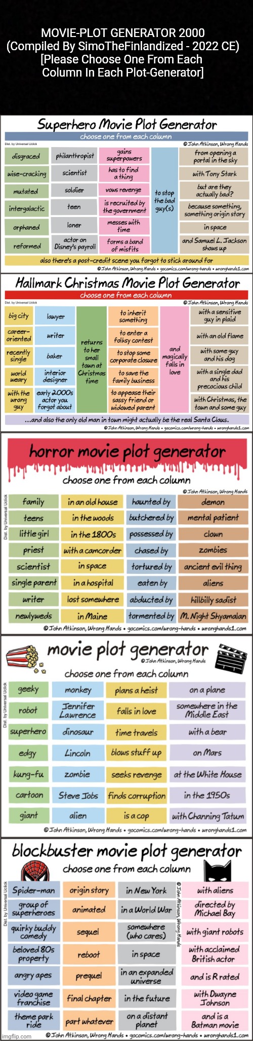 MOVIE-PLOT GENERATOR 2000 (Compiled By SimoTheFinlandized - 2022 CE) | MOVIE-PLOT GENERATOR 2000
(Compiled By SimoTheFinlandized - 2022 CE)
[Please Choose One From Each 
Column In Each Plot-Generator] | image tagged in simothefinlandized,plot generator,movies,infographics,creativity | made w/ Imgflip meme maker