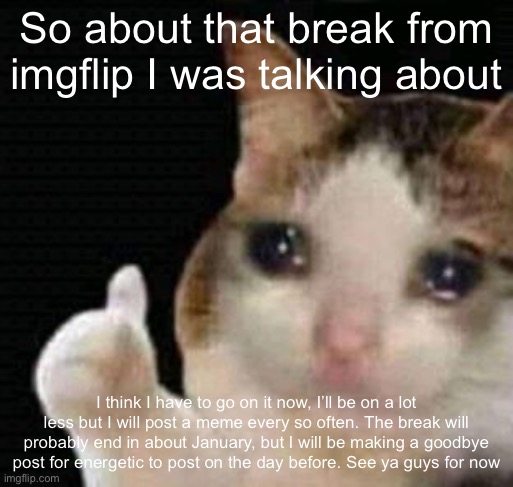 sadge | So about that break from imgflip I was talking about; I think I have to go on it now, I’ll be on a lot less but I will post a meme every so often. The break will probably end in about January, but I will be making a goodbye post for energetic to post on the day before. See ya guys for now | image tagged in sadge | made w/ Imgflip meme maker