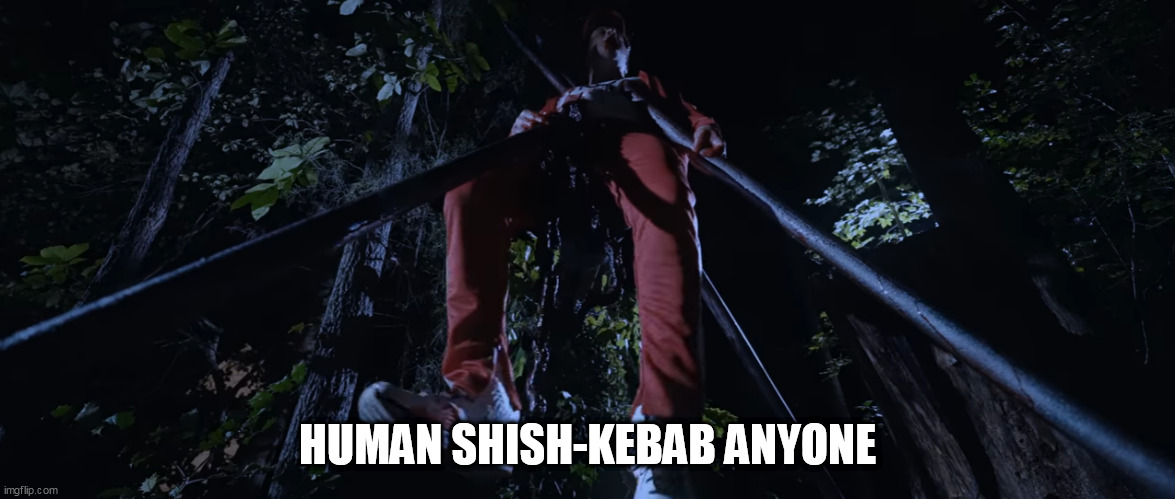Human Shish-Kebab | HUMAN SHISH-KEBAB ANYONE | image tagged in violence,blood,gore,kebab,shish-kebab,gwar | made w/ Imgflip meme maker