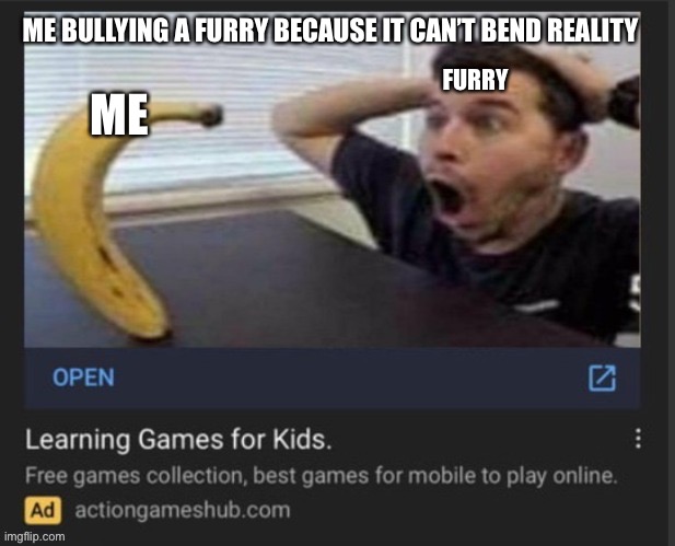 The |  ME BULLYING A FURRY BECAUSE IT CAN’T BEND REALITY; FURRY; ME | image tagged in the | made w/ Imgflip meme maker