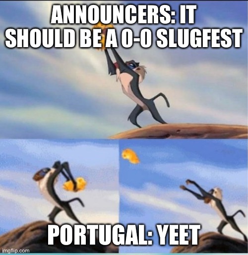 Absolutely crushed the Swiss | ANNOUNCERS: IT SHOULD BE A 0-0 SLUGFEST; PORTUGAL: YEET | image tagged in lion being yeeted | made w/ Imgflip meme maker