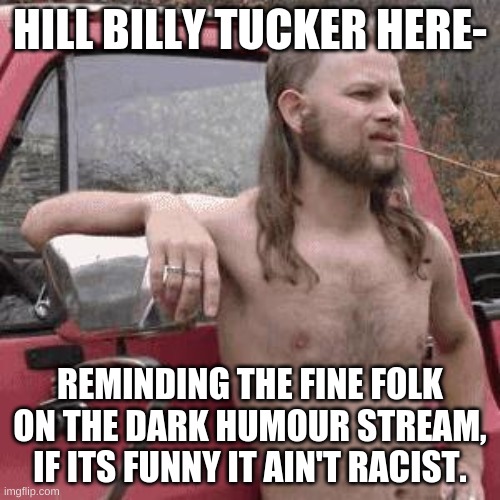 this meme was made by a mexican. Was I on point hill billy's? | HILL BILLY TUCKER HERE-; REMINDING THE FINE FOLK ON THE DARK HUMOUR STREAM, IF ITS FUNNY IT AIN'T RACIST. | image tagged in hill billy | made w/ Imgflip meme maker