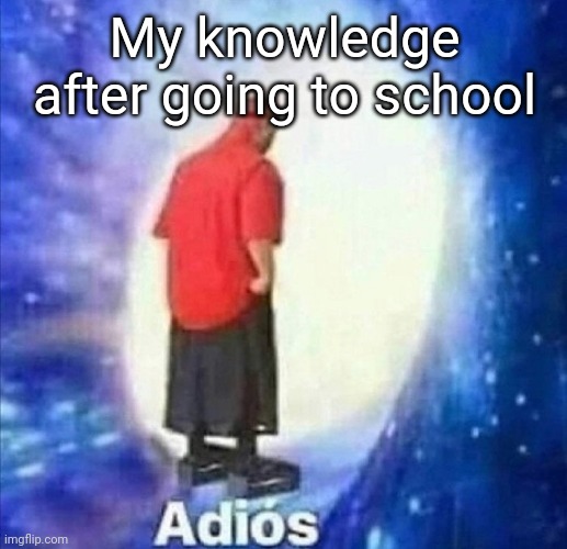 change da wolrd | My knowledge after going to school | image tagged in adios | made w/ Imgflip meme maker