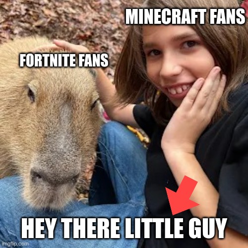 HEE HEE GOOD TEMPLATE | MINECRAFT FANS; FORTNITE FANS; HEY THERE LITTLE GUY | image tagged in kid and capybara | made w/ Imgflip meme maker