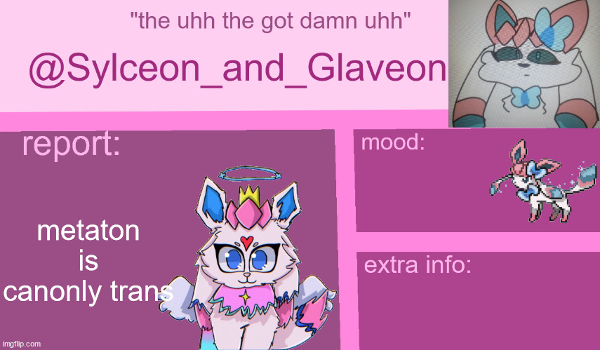 sylceon_and_glaveon 7.0 | metaton is canonly trans | image tagged in sylceon_and_glaveon 7 0 | made w/ Imgflip meme maker