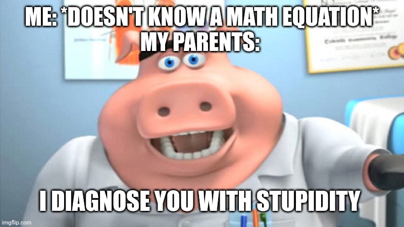 I Diagnose You With Dead | ME: *DOESN'T KNOW A MATH EQUATION*
MY PARENTS:; I DIAGNOSE YOU WITH STUPIDITY | image tagged in i diagnose you with dead | made w/ Imgflip meme maker