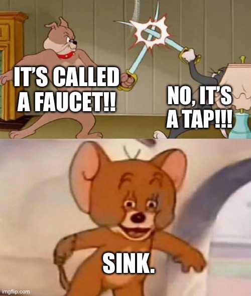 sink. | IT’S CALLED A FAUCET!! NO, IT’S A TAP!!! SINK. | image tagged in tom and jerry swordfight,memes,funny memes | made w/ Imgflip meme maker