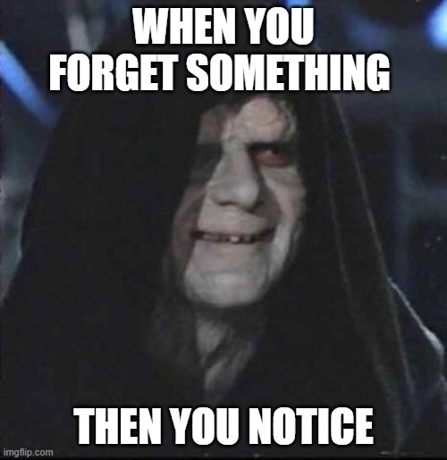 Sidious Error | WHEN YOU FORGET SOMETHING; THEN YOU NOTICE | image tagged in memes,sidious error | made w/ Imgflip meme maker
