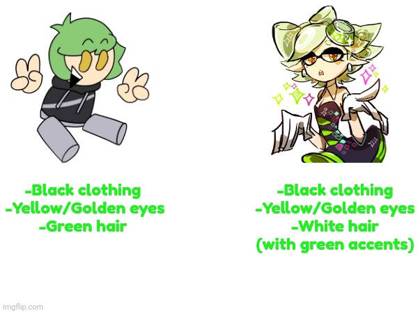 guys, i have a theory (@Rotisserie) | -Black clothing
-Yellow/Golden eyes
-White hair (with green accents); -Black clothing 
-Yellow/Golden eyes
-Green hair | made w/ Imgflip meme maker