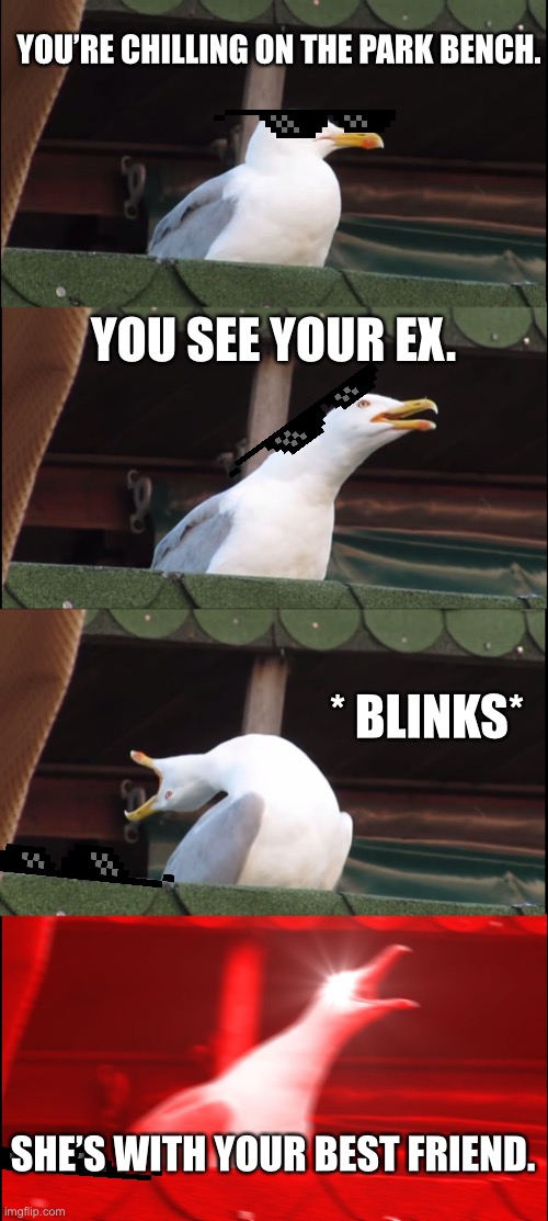 Inhaling Seagull | YOU’RE CHILLING ON THE PARK BENCH. YOU SEE YOUR EX. * BLINKS*; SHE’S WITH YOUR BEST FRIEND. | image tagged in memes,inhaling seagull | made w/ Imgflip meme maker