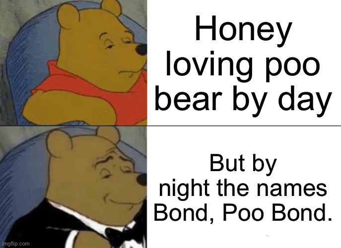 Tuxedo Winnie The Pooh Meme | Honey loving poo bear by day; But by night the names Bond, Poo Bond. | image tagged in memes,tuxedo winnie the pooh | made w/ Imgflip meme maker
