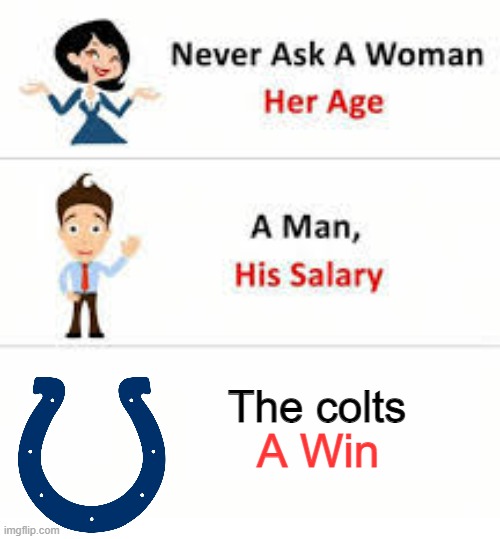 Dont ask the colts for a win | The colts; A Win | image tagged in never ask a woman her age | made w/ Imgflip meme maker