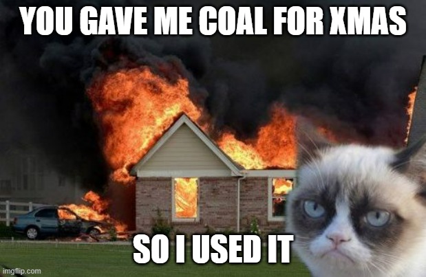 Burn Kitty Meme | YOU GAVE ME COAL FOR XMAS; SO I USED IT | image tagged in memes,burn kitty,grumpy cat | made w/ Imgflip meme maker