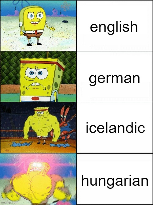 languages be like | english; german; icelandic; hungarian | image tagged in sponge finna commit muder,memes | made w/ Imgflip meme maker