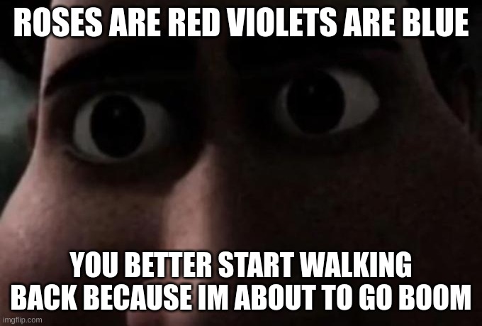 ALLUH AKB- | ROSES ARE RED VIOLETS ARE BLUE; YOU BETTER START WALKING BACK BECAUSE IM ABOUT TO GO BOOM | image tagged in titan stare | made w/ Imgflip meme maker