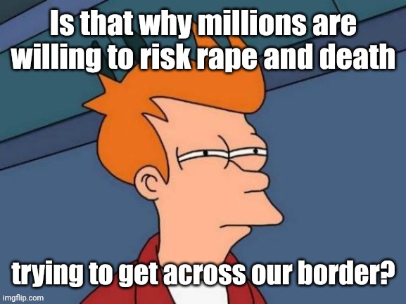 Fry is not sure... | Is that why millions are willing to risk rape and death trying to get across our border? | image tagged in fry is not sure | made w/ Imgflip meme maker