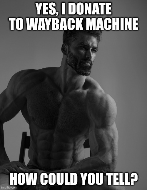 pls | YES, I DONATE TO WAYBACK MACHINE; HOW COULD YOU TELL? | image tagged in giga chad,the internet | made w/ Imgflip meme maker