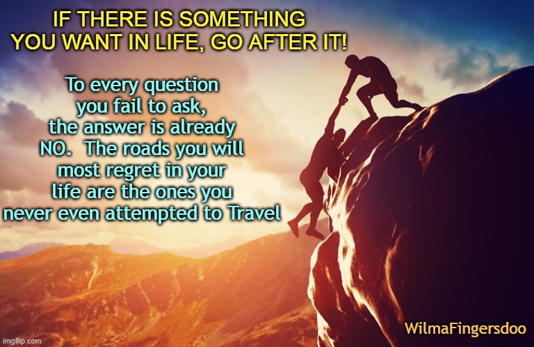  Inspiration | To every question you fail to ask, the answer is already NO.  The roads you will most regret in your life are the ones you never even attempted to Travel; IF THERE IS SOMETHING YOU WANT IN LIFE, GO AFTER IT! WilmaFingersdoo | image tagged in inspiration | made w/ Imgflip meme maker