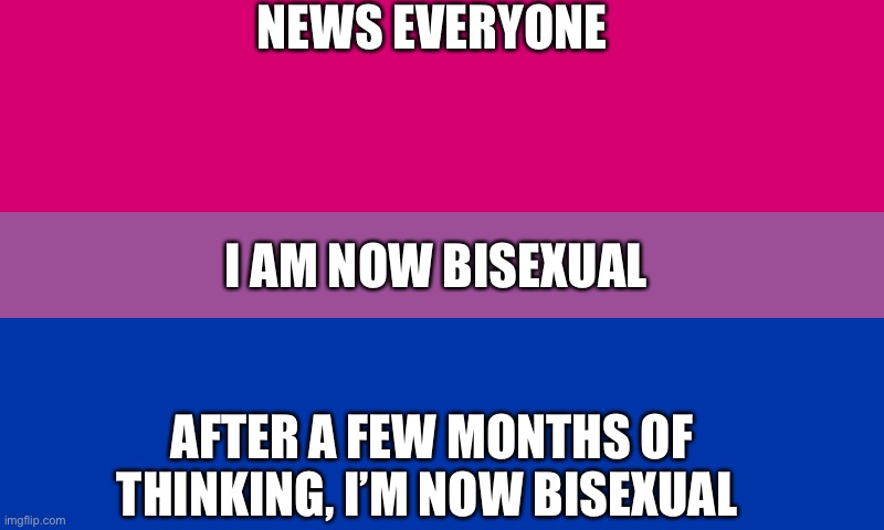 Bi flag | NEWS EVERYONE; I AM NOW BISEXUAL; AFTER A FEW MONTHS OF THINKING, I’M NOW BISEXUAL | image tagged in bi flag | made w/ Imgflip meme maker