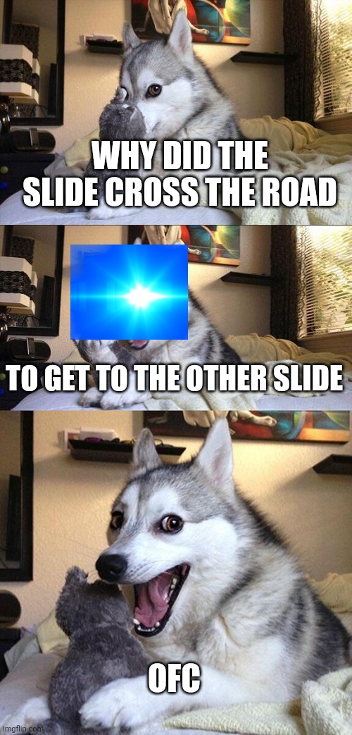 Bad Pun Dog | WHY DID THE SLIDE CROSS THE ROAD; TO GET TO THE OTHER SLIDE; OFC | image tagged in memes,bad pun dog | made w/ Imgflip meme maker