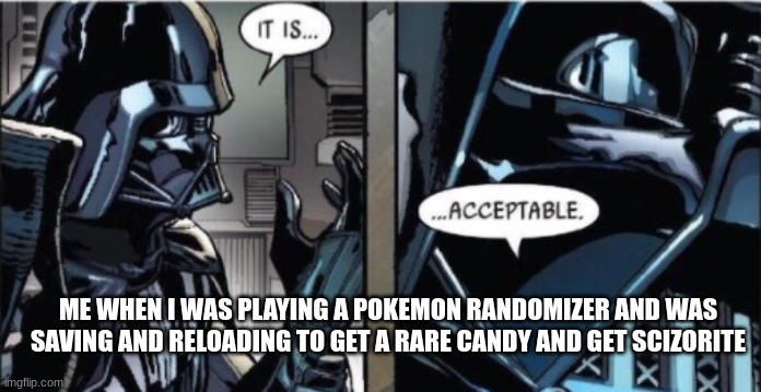 good enough | ME WHEN I WAS PLAYING A POKEMON RANDOMIZER AND WAS SAVING AND RELOADING TO GET A RARE CANDY AND GET SCIZORITE | image tagged in it is acceptable,pokemon | made w/ Imgflip meme maker