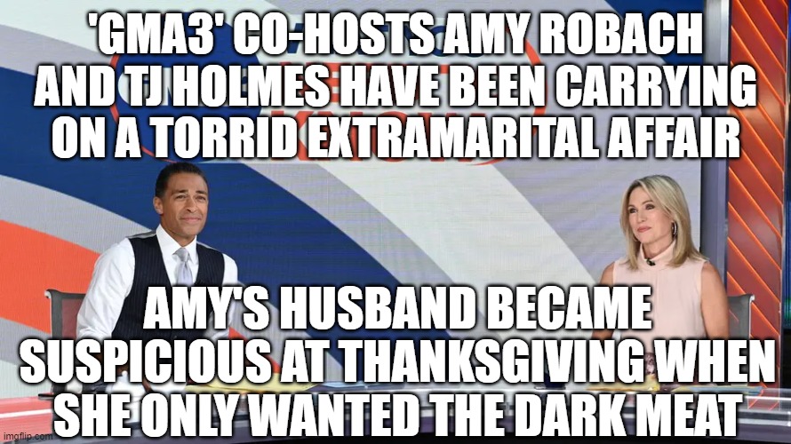 Questionable usage of terms, but funny | 'GMA3' CO-HOSTS AMY ROBACH AND TJ HOLMES HAVE BEEN CARRYING ON A TORRID EXTRAMARITAL AFFAIR; AMY'S HUSBAND BECAME SUSPICIOUS AT THANKSGIVING WHEN SHE ONLY WANTED THE DARK MEAT | image tagged in gma,amy robach,tj holmes,affair | made w/ Imgflip meme maker