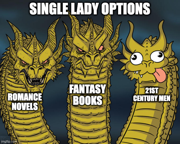 Three-headed Dragon | SINGLE LADY OPTIONS; FANTASY BOOKS; 21ST CENTURY MEN; ROMANCE NOVELS | image tagged in three-headed dragon,romance novels,books,single lady | made w/ Imgflip meme maker
