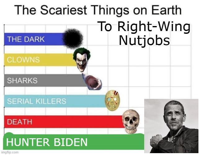 Right-wing nutjobs cry for their president-daddy Donald Trump to check their closets for Hunter Biden before they go to bed. | To Right-Wing Nutjobs; HUNTER BIDEN | image tagged in scary,hunter biden,fear,scared,conservative logic,triggered | made w/ Imgflip meme maker