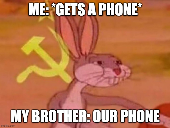 bugs bunny comunista | ME: *GETS A PHONE*; MY BROTHER: OUR PHONE | image tagged in bugs bunny comunista | made w/ Imgflip meme maker