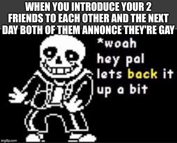 Hold Up Sans | WHEN YOU INTRODUCE YOUR 2 FRIENDS TO EACH OTHER AND THE NEXT DAY BOTH OF THEM ANNONCE THEY'RE GAY | image tagged in hold up sans | made w/ Imgflip meme maker
