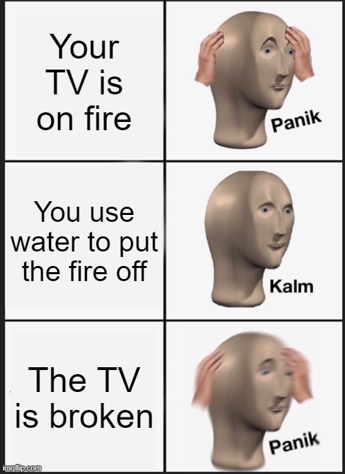 please use fire extinguishers to disactivate the fire on the TV | Your TV is on fire; You use water to put the fire off; The TV is broken | image tagged in memes,panik kalm panik | made w/ Imgflip meme maker